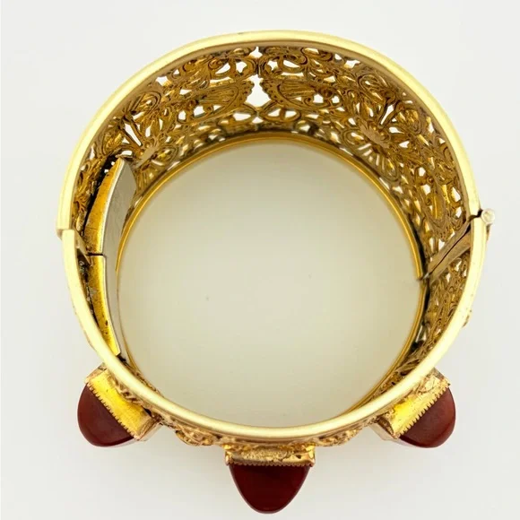 RARE Vintage Napier Gold Plated Brass Filigree Cuff With Carnelian Cabochons. - Picture 9 of 13